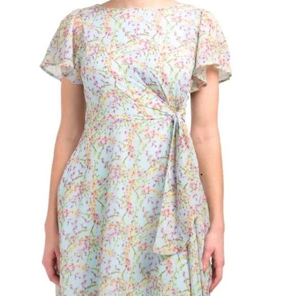 Nicole Miller Dresses | Nicole Miller Womens Floral Faux Wrap Chiffon Midi Dress Size 8 | Color: Blue/Green | Size: 8 | Eveysophia's Closet